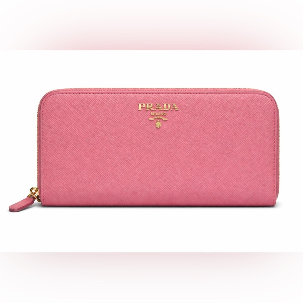 Prada Saffiano Zip Around Wallet Pink Gold Logo Continental